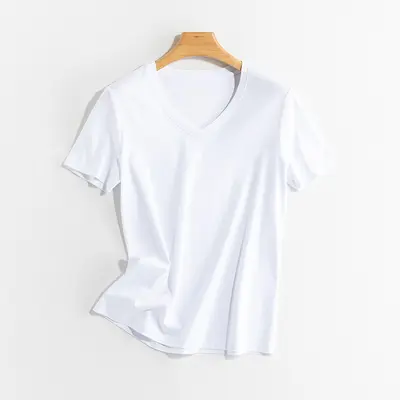 Kadın Güneş Korumalı Beyaz V Yaka T-Shirt, Dut İpeği ve Merserize Pamuk Karışımı, Gevşek K - 11