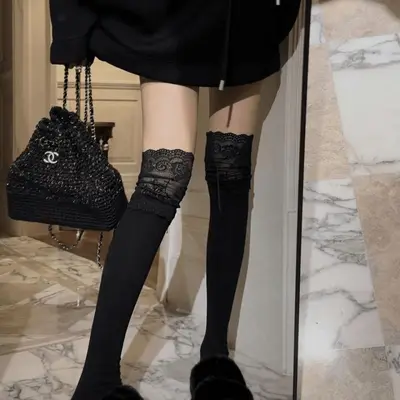 Women's Lace Over-the-Knee Socks with Vertical Pattern, JK Style - 8
