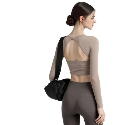 Women's Long-Sleeve Open-Back Yoga Top with Built-in Bra Pads - 5