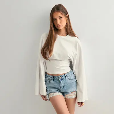 Women's Solid Color Round Neck Long Sleeve Top, Wide Sleeve, Waist-Cinching - 8