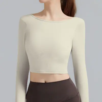 Women's Pilates Training Top, Long Sleeve with Chest Pad and Open Back - 6