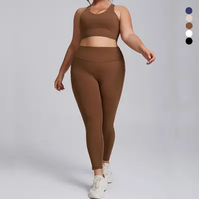 Nude-Feel Plus Size Yoga Set for Women, Two-Piece with Pockets - 4