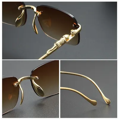 Frameless Cut-Edge Men's Sunglasses with Small Leopard Temple Design - 3
