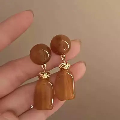 Fransız Vintage Küpe Karamel Kehribar Renkli Boncuklu - 3