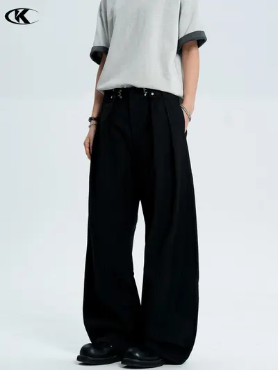 Black Striped Trousers for Men and Women, Curved Blade Cut, Wide-Leg Long Pants