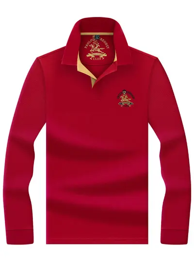 Men's Long Sleeve Polo Shirt, Chinese Red, Embroidered Horse Logo