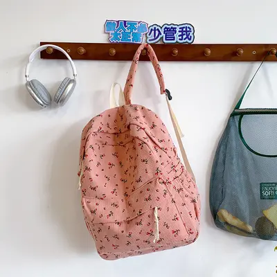 Small Floral Print Corduroy Backpack, Lightweight School Bag for Students - 4