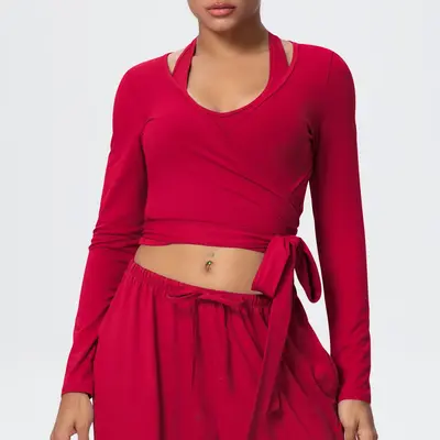 Women's Long Sleeve V-Neck Cross-Strap Quick-Dry Running Yoga Wear - 7