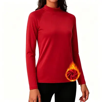 Women's Autumn Winter Running Top, Half Turtleneck, Fleece-Lined Long Sleeve - 11