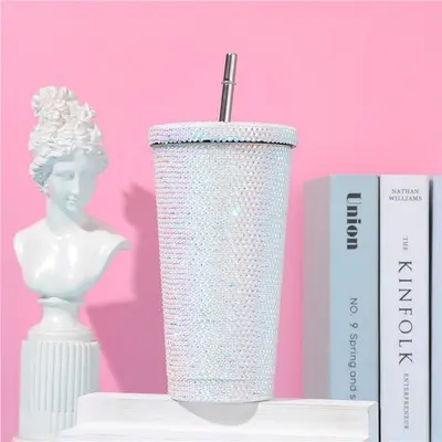 Doppelwandiger Edelstahlbecher mit Trinkhalm, Diamantbeschichtung, Geschenk - 3