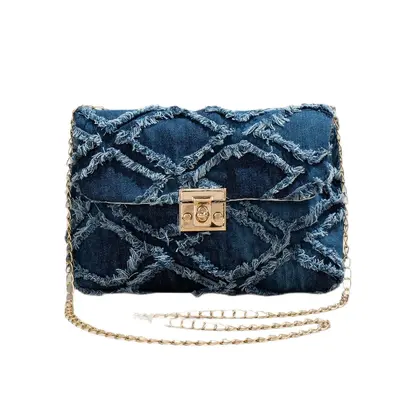 Denim Chain-Strap Flap Small Square Women's Bag with Diamond Quilting - 6
