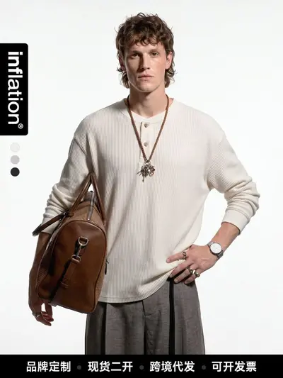Jiezhan Waffel-Henley-Langarmshirt, farblich kontrastierend, unisex, locker geschnitten