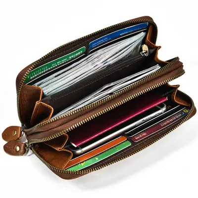 Men's Crazy Horse Leather Long Wallet with Zipper, Double-Layer Cowhide - 5