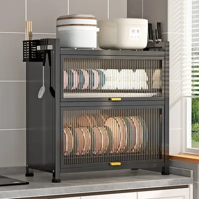 Kitchen bowl cabinet with door dustproof countertop storage rack - 2