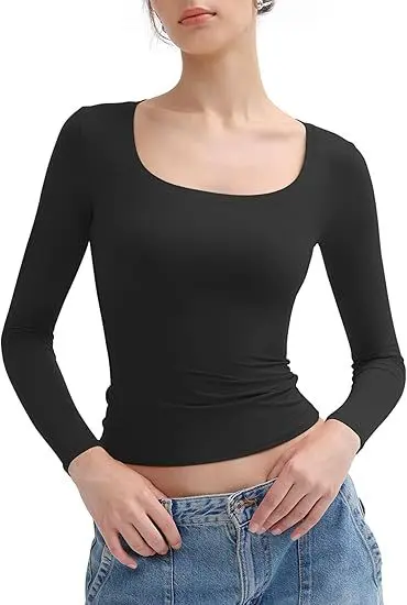 Kadın Uzun Kollu Göbek Açık Üst, Düz Renk, U Yaka Slim Fit Y2K Tişört - 7