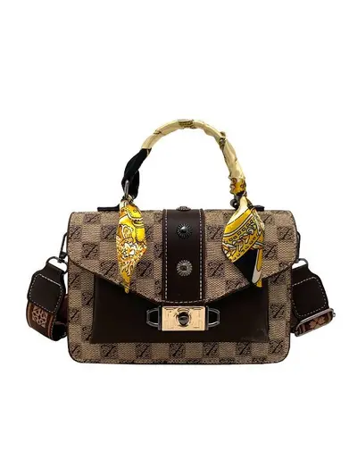 Retro Print Small Square Women's Crossbody Bag with Silk Scarf Detail - 5