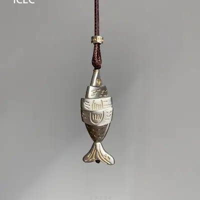 Fish pendant necklace vintage patchwork long chain - 3