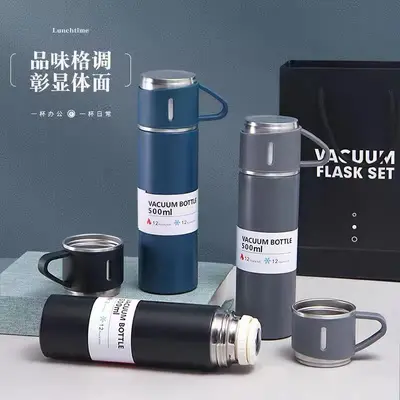 跨境热销一杯三盖保温杯礼盒套装便携不锈钢套装杯商务礼品杯批发