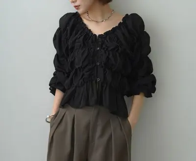 Women's flared sleeve pleated long sleeve chiffon blouse - 7