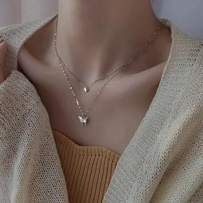 Double-Layer Butterfly Necklace for Women, Collarbone Chain