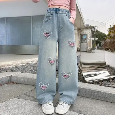 Kız Çocuk Düz Paça Geniş Kot Pantolon, Okul Çağı İçin - 7