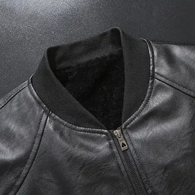 Men's PU Leather Baseball Collar Jacket, Fleece-Lined - 4
