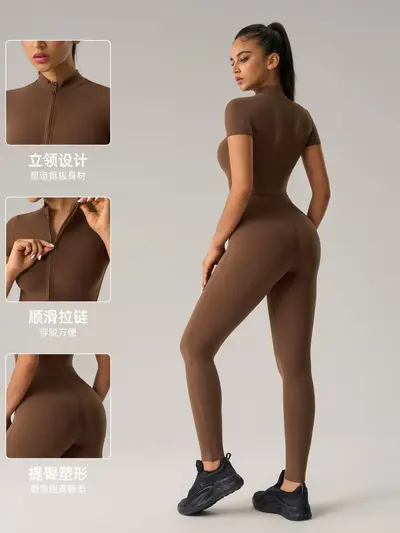 Yoga-Jumpsuit DLT001 mit Push-up-Effekt, eng geschnitten, Halbzipp