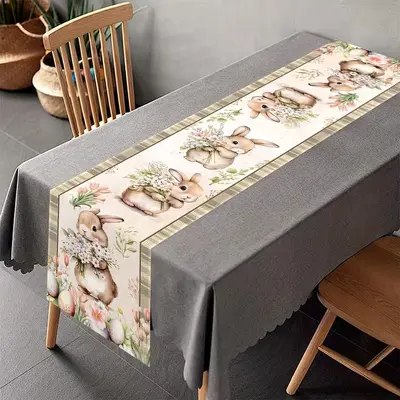 Easter Linen Table Runner with Rabbit Print