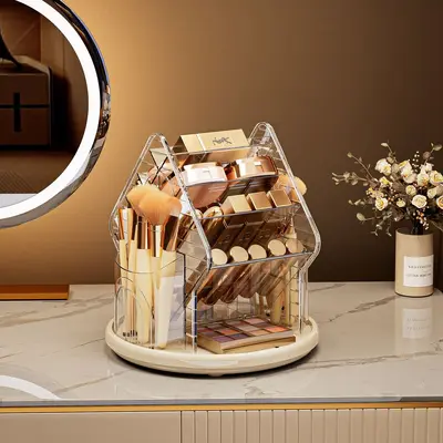 Cosmetics storage organizer box with rotating compartments