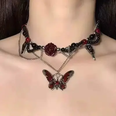 Kelebek kolye choker, vintage, saçaklı boyun zinciri - 7
