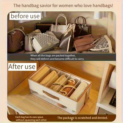 Handbag storage box, open top, compartmented, dust-proof