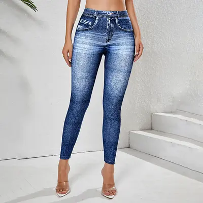 Damen-Yogahose mit hohem Bund, Po-Lifting, Jeans-Optik - 4