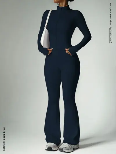 Zipper Long-Sleeve Jacket and Flare Pants Yoga Set, Nude-Feel Fitness Wear - 10