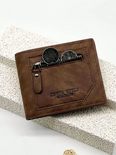 Retro Men's Leather Wallet, Short Model with Zipper ID Card Holder - 7