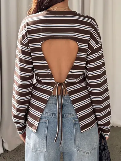 Women's Backless Tie-Up Long-Sleeve Top, Loose Drop-Shoulder Fit, Autumn Winter