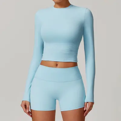 瑜伽服女长袖上衣短裤套装女士健身运动服时尚速干户外瑜伽服套装 - 13