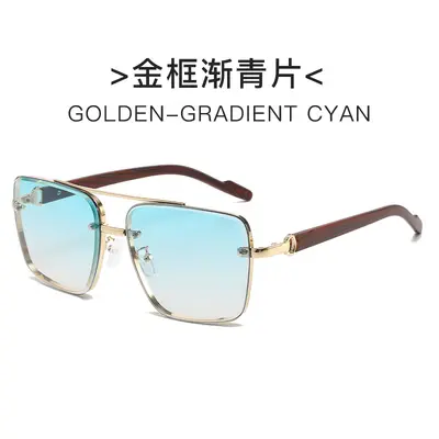 Square metal double-bridge sunglasses with wood-grain temples - 9