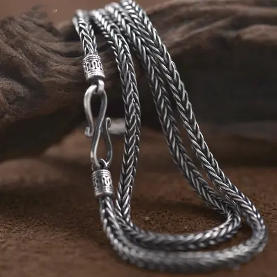 990 saf gümüş erkek kolye yılan kemik zinciri, el dokuması Tay 4mm - 1