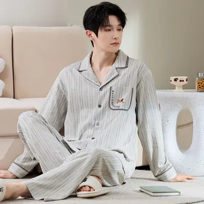 Men's Cotton Long-Sleeve Cardigan Pajama Set, Plus Size