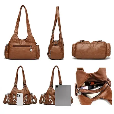 Soft Leather Retro Rivet Shoulder Bag, Large Capacity