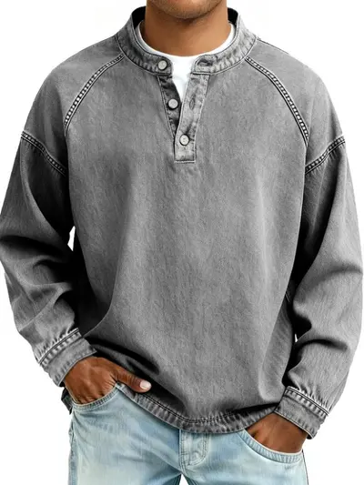 Men's Washed Distressed Vintage Stand-Collar Long-Sleeve Sweatshirt