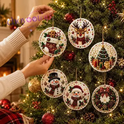 Round Wooden Christmas Diamond Painting Hanging Ornament Set, 6 Pieces