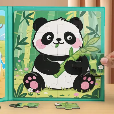 Magnetic progressive puzzle book with cartoon animals and learning activities