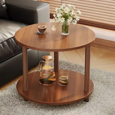 Retro Small Round Side Table, Movable, with Storage Shelf - 2