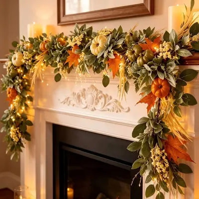 Autumn Thanksgiving Wreath with Pumpkin, Eucalyptus and Acorn Leaves, Rattan Decoration - 8