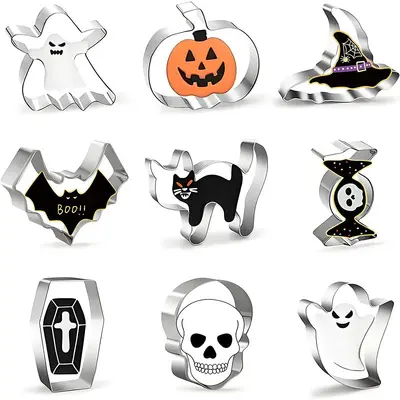 Stainless Steel Halloween Cookie Press Mold, Pumpkin and Bat Shapes - 8