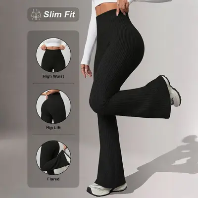 Women's Yoga Leggings Ribbed, High Waist, Tummy Control, Autumn-Winter - 9