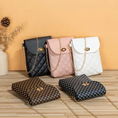 Women's Printed Single Shoulder Bag, Lock Buckle, Plaid Pattern - 1