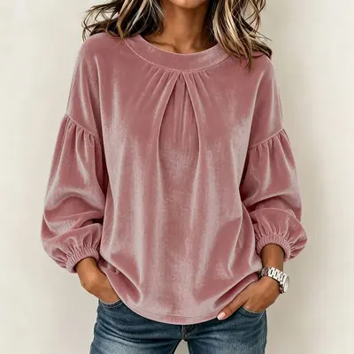 2026 Women's Round Neck Lantern Sleeve Velvet Patchwork Long-Sleeve T-Shirt - 10