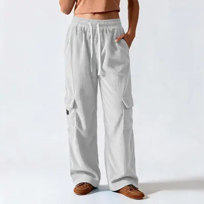 Kadın retro dikey çizgili kadife bol paça pantolon, günlük iş pantolonu - 12